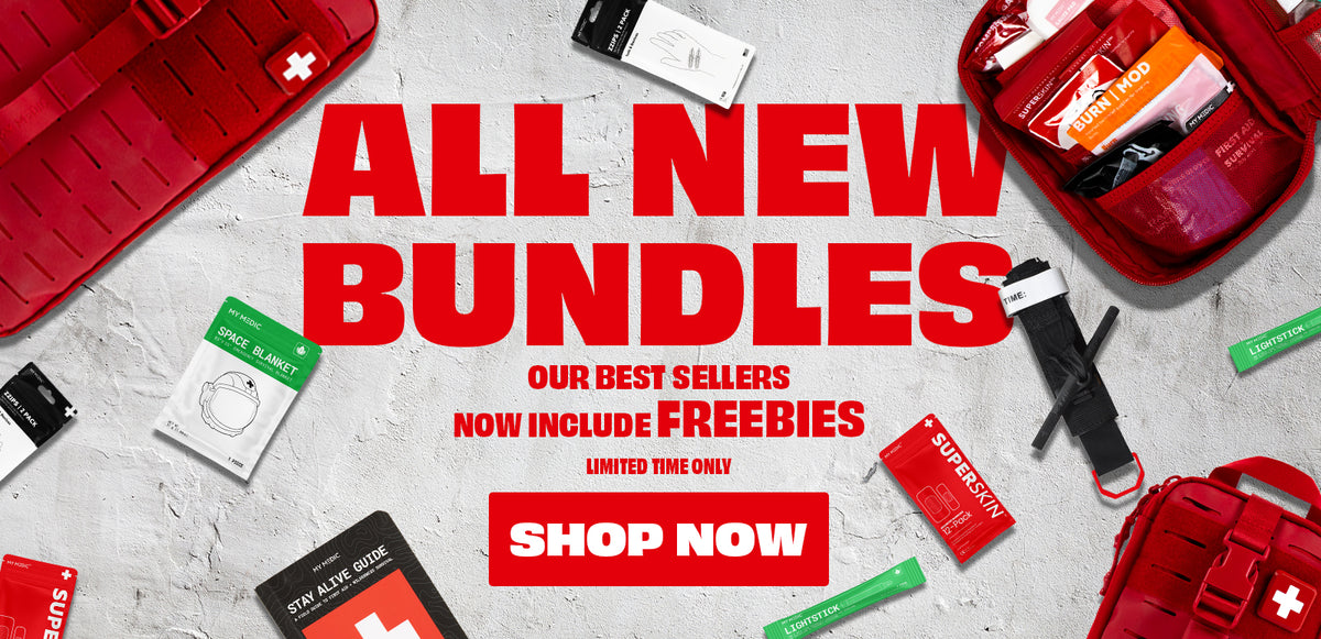Promotional graphic for a first aid bundle with large red text reading 'ALL NEW BUNDLES' and 'SHOP NOW' on a light gray textured background. Red first aid bags and assorted medical supplies are scattered around the frame.