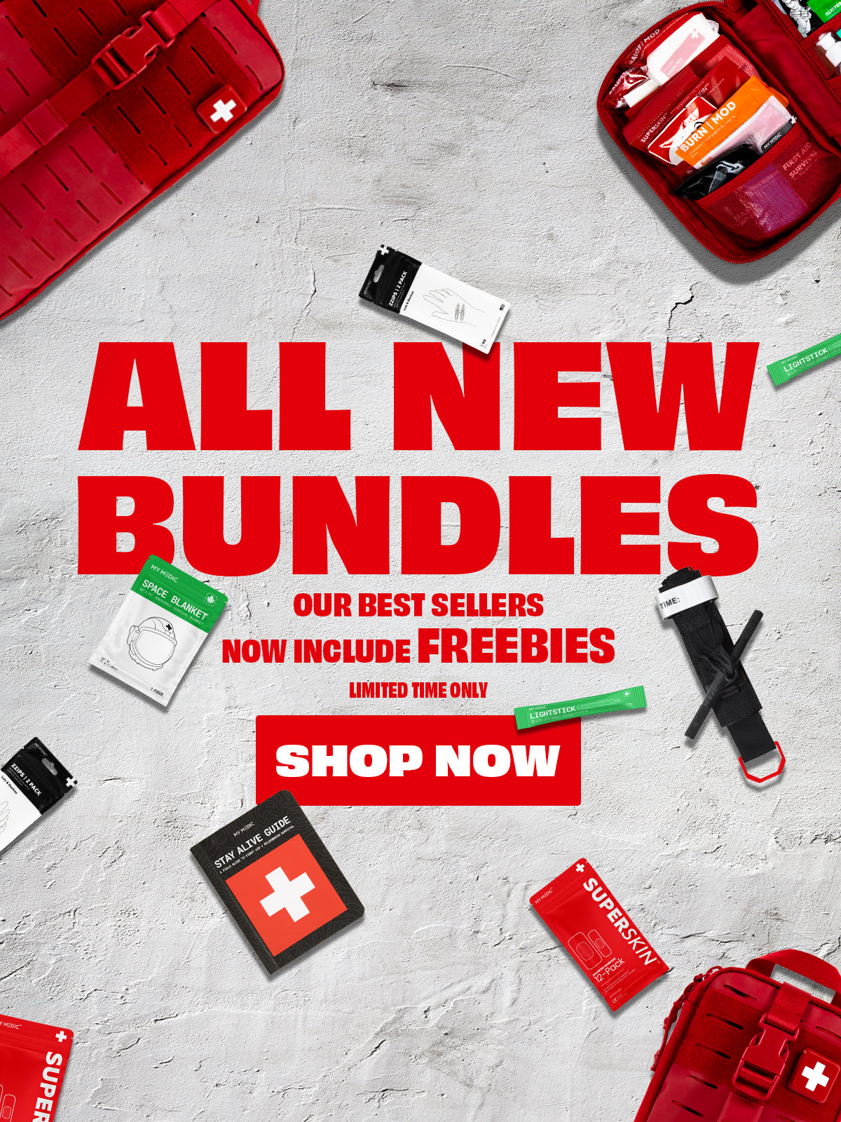 Promotional graphic for a medical first aid bundle set, featuring red tactical first aid kits, a black and red trauma sheath, a white gauze packet, and other medical accessories arranged on a light gray concrete-textured background with bold red text reading 'ALL NEW BUNDLES' and 'SHOP NOW'.