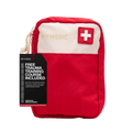 A red and off-white My Medic first aid pouch with a black promotional hangtag saying that there is a "Free trauma course included"