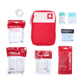 A red and white Bleeding Control first aid kit set from MY MEDIC. The kit includes a mini gauze mod, nitrile gloves, compressed gauze, emergency pressure bandage, a 12-pack of SuperSkin bandages, cloth surgical tape, tripe antibiotic ointment, and antiseptic towelettes.