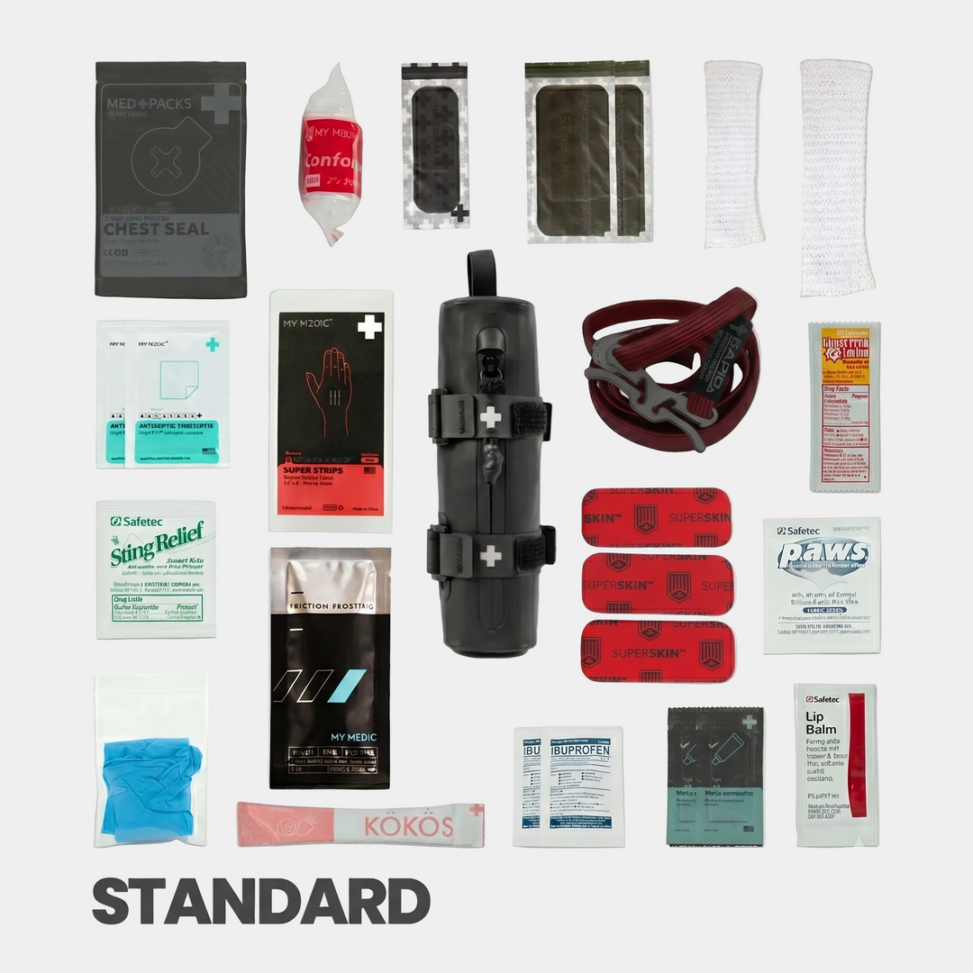 Collection of medical supplies and equipment on a white background with 'STANDARD' text.