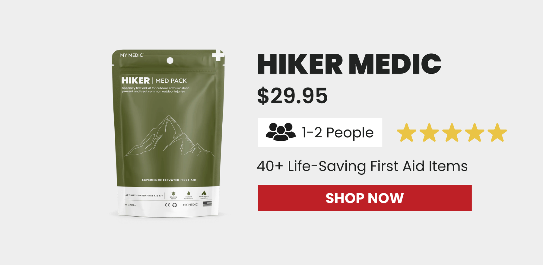 Hiker Medic, $29.95, 1-2 People, 40+ Life-Saving First Aid Items, Shop Now