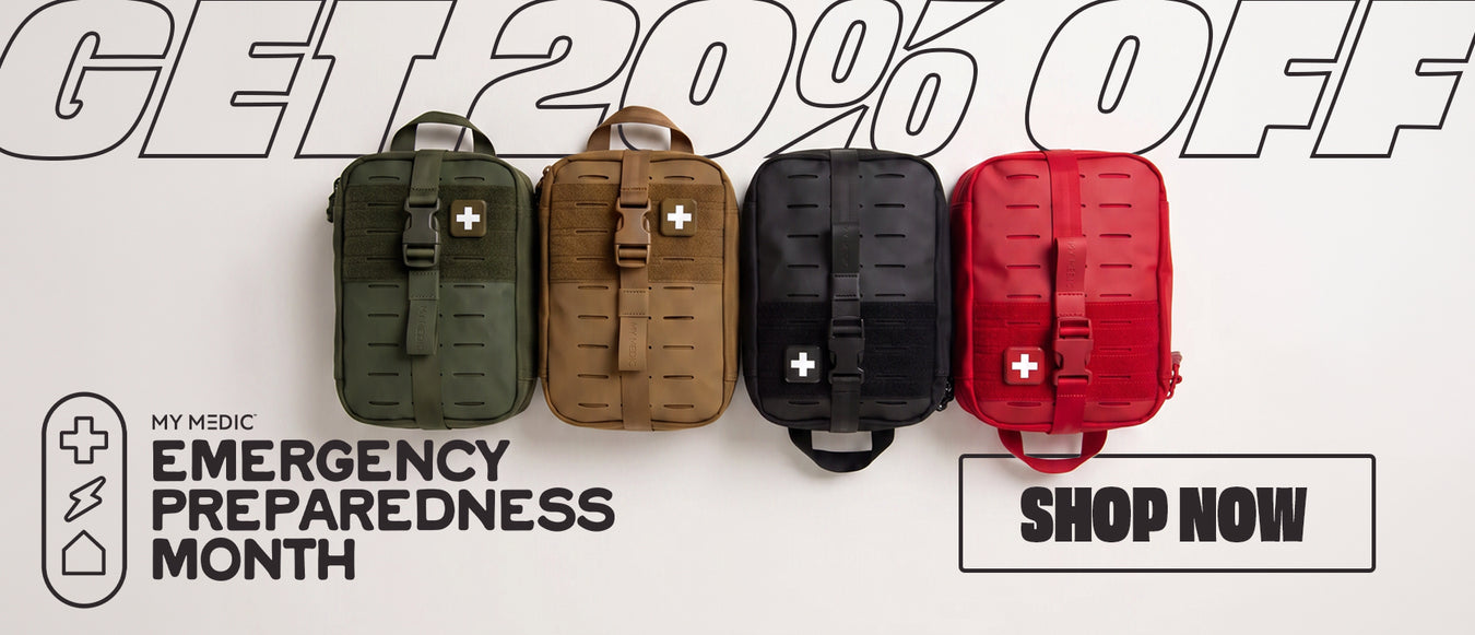 Four My Medic emergency preparedness backpacks in olive green, tan, black, and red, displayed side-by-side with promotional text 'GET 20% OFF' and 'SHOP NOW'.