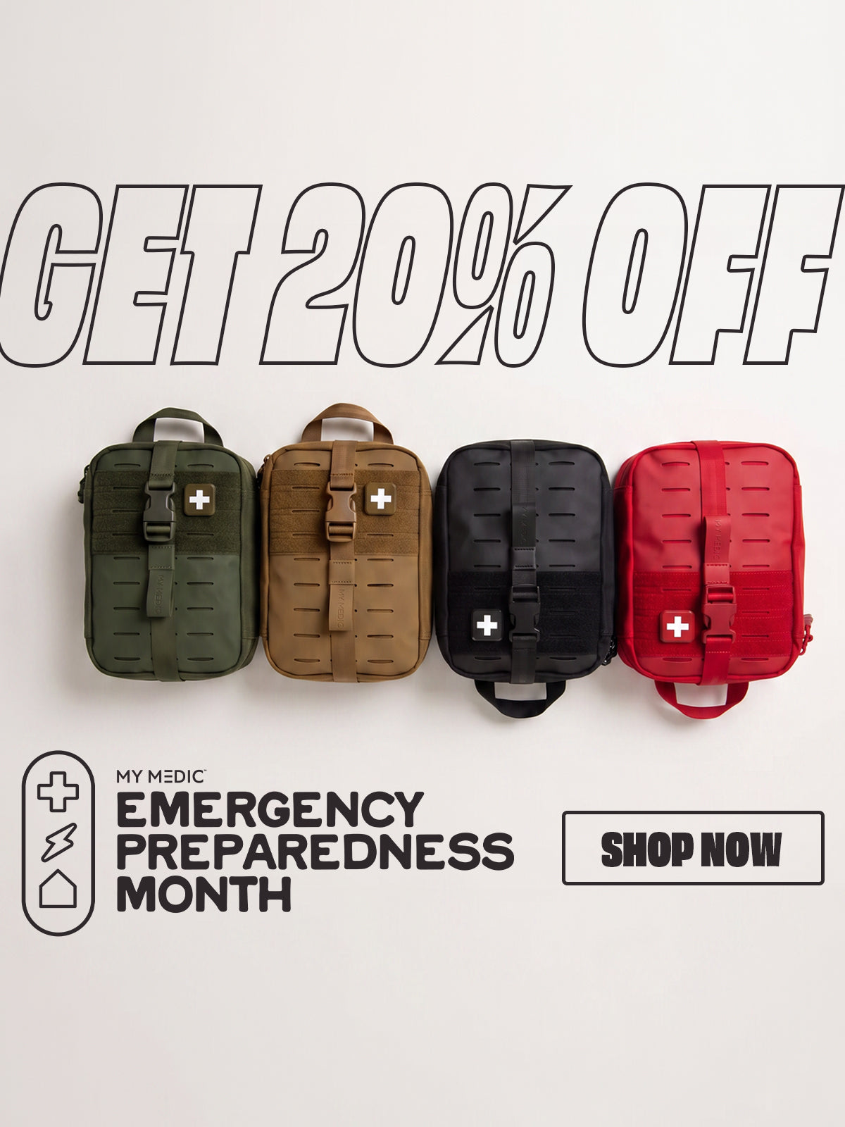 Four tactical medical backpacks in olive green, tan, black, and red are lined up against a light gray background with promotional text 'GET 20% OFF' and 'MY MEDIC EMERGENCY PREPAREDNESS MONTH SHOP NOW'.