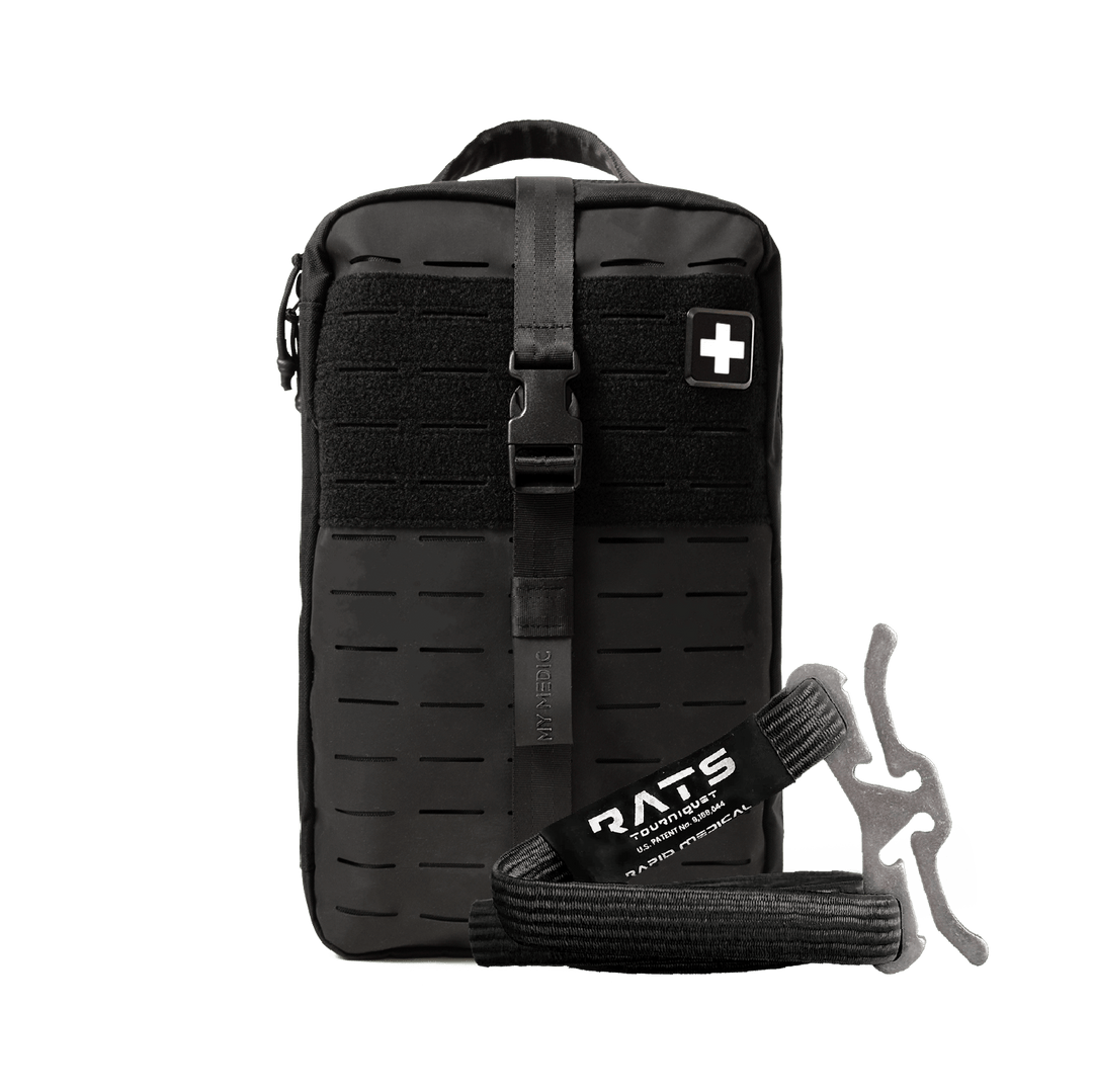 A black tactical first aid pouch with a quick-release buckle strap and a white cross patch, shown with a black and gray RATS emergency tq strap on a white background.