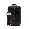 A black tactical first aid pouch with a vertical buckle strap, a side pocket holding a black tourniquet with a white band, and a white cross patch on the front, shown against a plain white background.