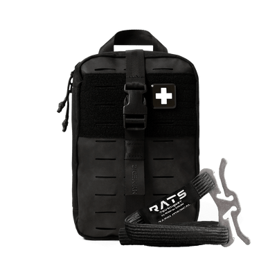 Black tactical first aid kit pouch with a front buckle strap, a white medical cross patch, and a black emergency tourniquet