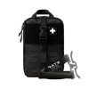 Black tactical first aid kit pouch with a front buckle strap, a white medical cross patch, and a black emergency tourniquet
