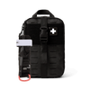 A black tactical first aid kit pouch with a front buckle strap and a white cross patch, shown on a clean white background. A black tourniquet