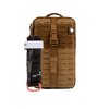 A tan tactical first aid pouch with MOLLE webbing, a front buckle strap, and a white cross patch, shown alongside a black tourniquet with a white band and red ring on a white background.