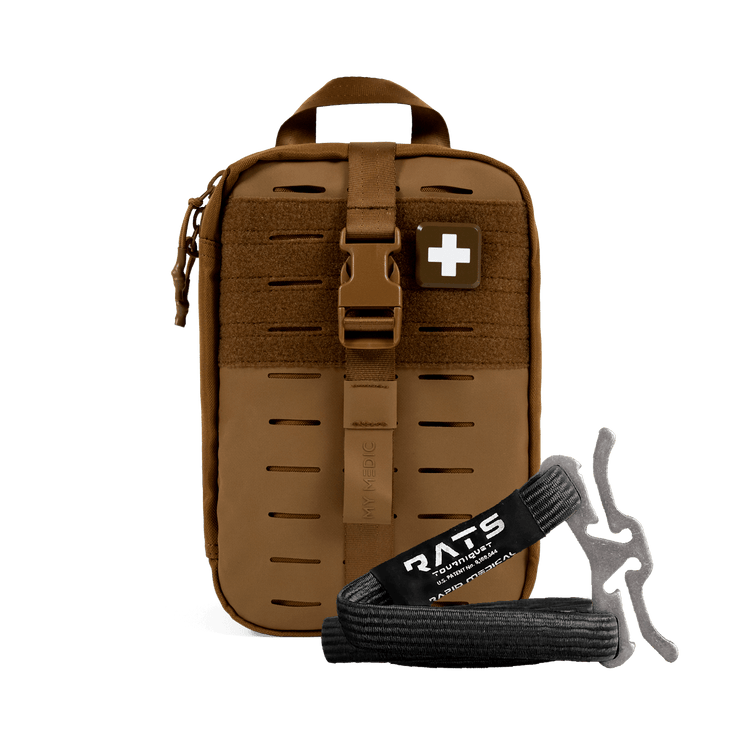 A brown tactical first aid pouch with a quick-release buckle and a white cross patch, shown alongside a black RATS emergency tq
