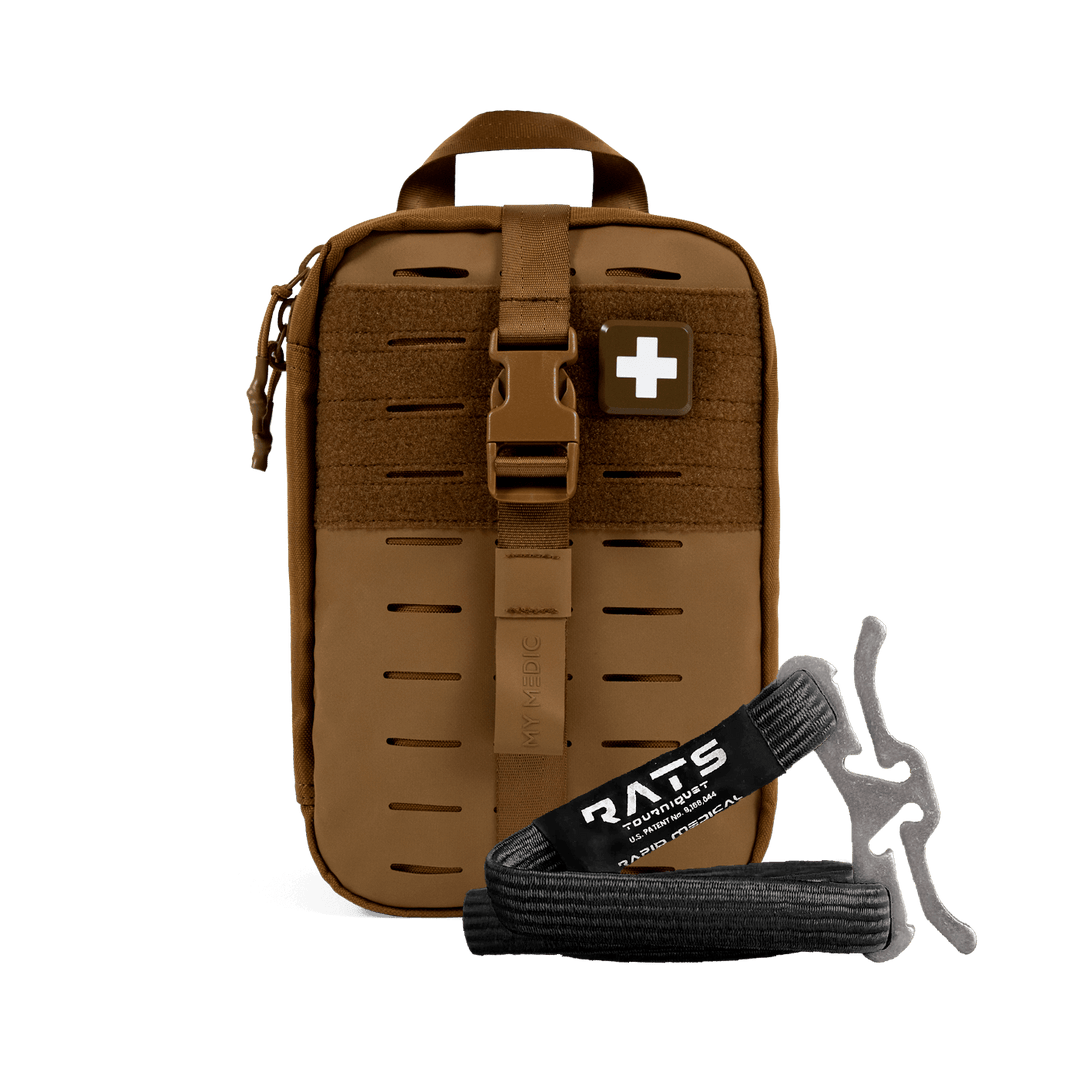 A brown tactical first aid pouch with a quick-release buckle and a white cross patch, shown alongside a black RATS emergency tq