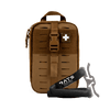 A brown tactical first aid pouch with a quick-release buckle and a white cross patch, shown alongside a black RATS emergency tq