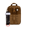 A brown tactical first aid kit pouch with a quick-release buckle and a white cross patch, shown alongside a black emergency tourniquet with a red carabiner clip and white band.