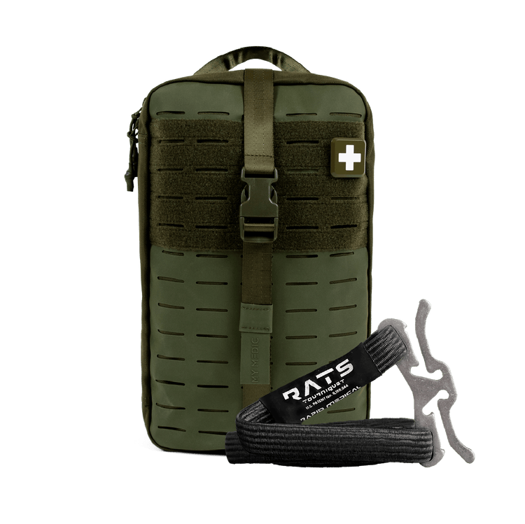 An olive green tactical first aid kit pouch with a quick-release buckle and a white cross patch, shown alongside a black RATS emergency strap with a gray metal buckle on a plain white background.
