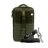 An olive green tactical first aid kit pouch with a quick-release buckle and a white cross patch, shown alongside a black RATS emergency strap with a gray metal buckle on a plain white background.