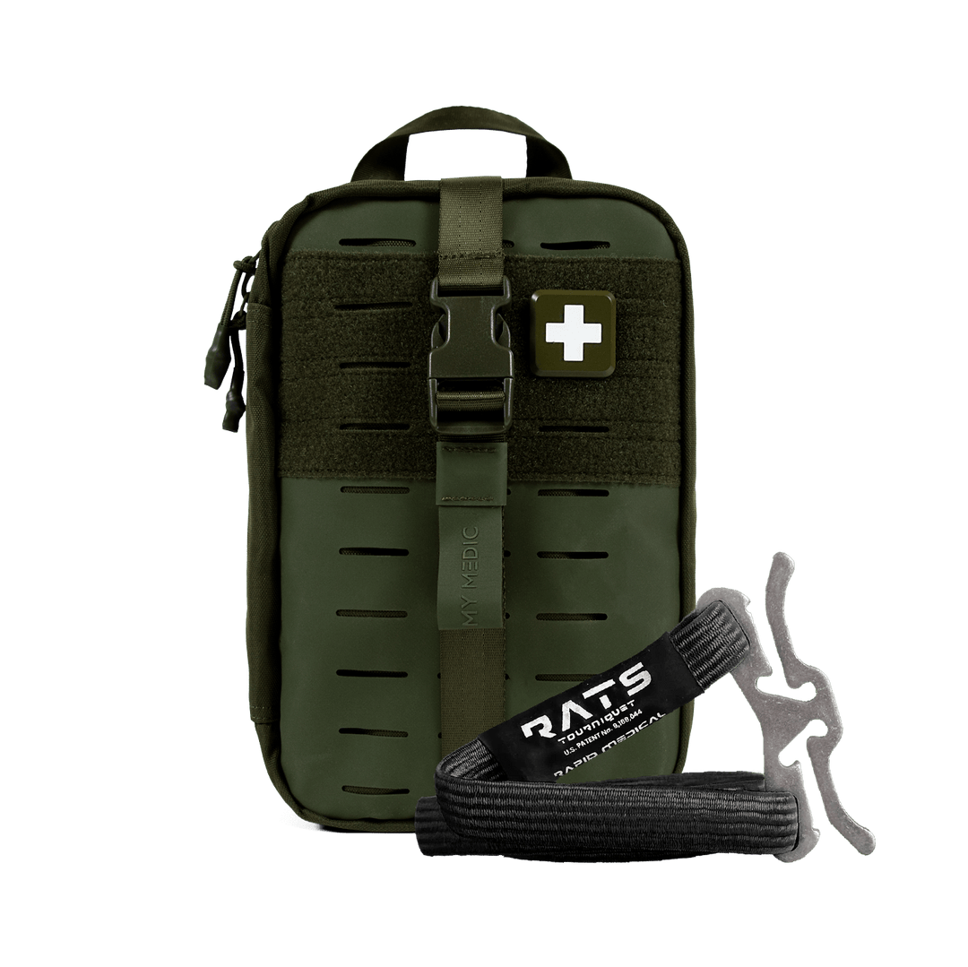 An olive green tactical first aid pouch with a quick-release buckle strap and a white cross patch, shown alongside a black RATS emergency tourniquet 