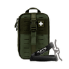 An olive green tactical first aid pouch with a quick-release buckle strap and a white cross patch, shown alongside a black RATS emergency tourniquet 