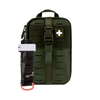 An olive green tactical first aid pouch with a quick-release buckle strap and a white cross patch, shown alongside a black tourniquet.