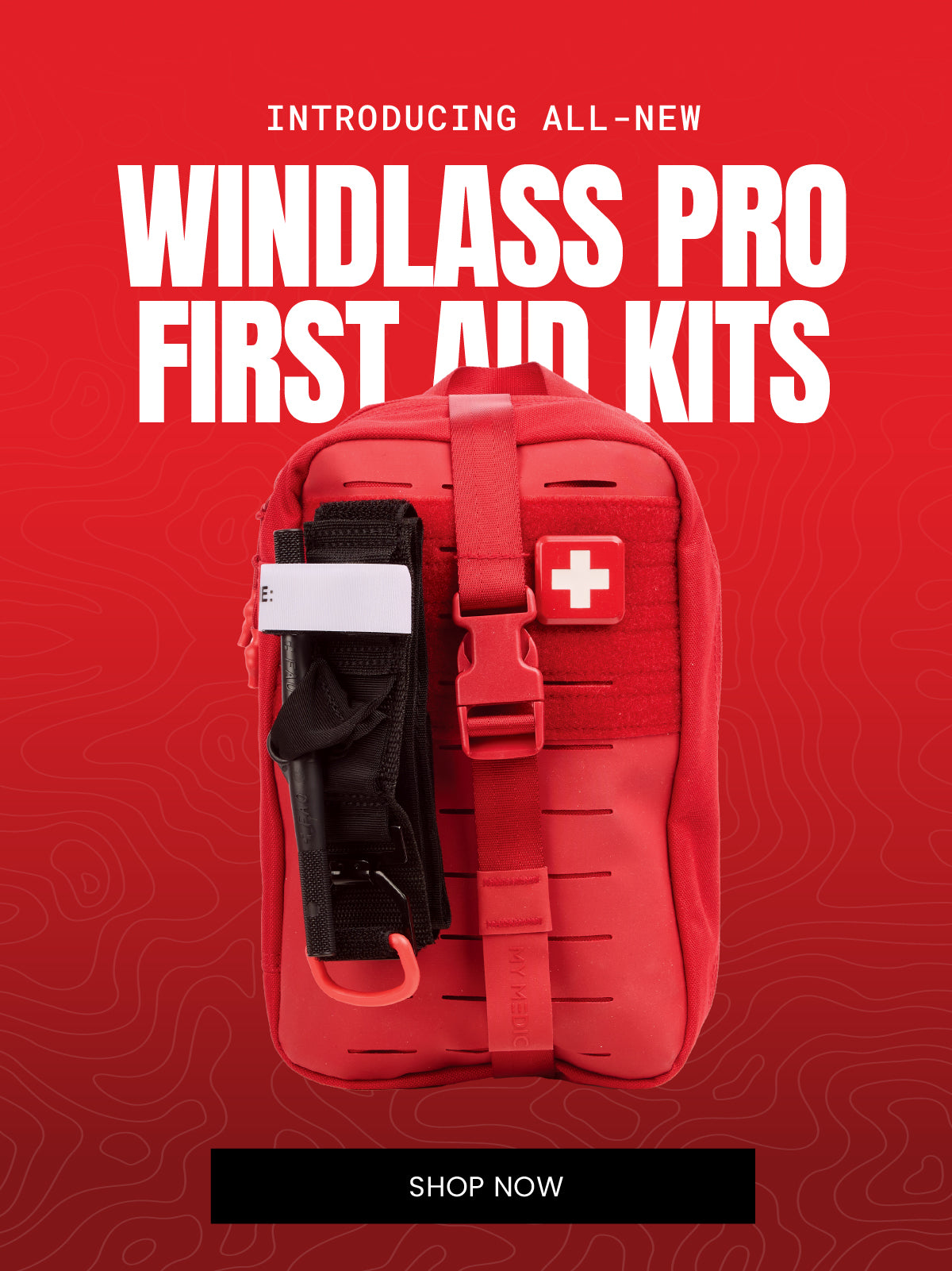 Red Windlass Pro first aid kit pouch with a black tourniquet attached on the side and a white cross patch, shown with large promotional text on a red background.