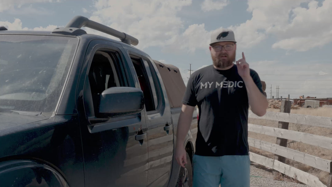 video introducing the truck bundle. Person standing next to a truck talking about the items in the truck bundle which is the myfak large, windlass tourniquet, lightstick, space blanket and stay alive guide. Which if you purchase they myfak large you get those extra items free.