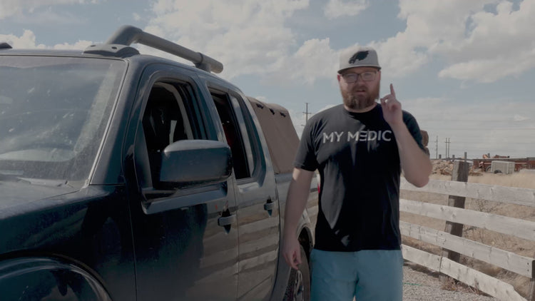 video introducing the truck bundle. Person standing next to a truck talking about the items in the truck bundle which is the myfak large, windlass tourniquet, lightstick, space blanket and stay alive guide. Which if you purchase they myfak large you get those extra items free.