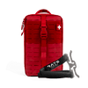 A red tactical first aid kit pouch with a front buckle strap and a white cross patch, shown on a black background with a black and gray RATS emergency tourniquet in front.