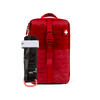 A red tactical first aid kit pouch with a quick-release buckle and a white cross symbol on the front, shown alongside a black and white tourniquet on a solid white background.