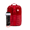 A red tactical first aid kit with a quick-release buckle and a white cross symbol on the front, shown alongside a windlass black tourniquet on a white background.