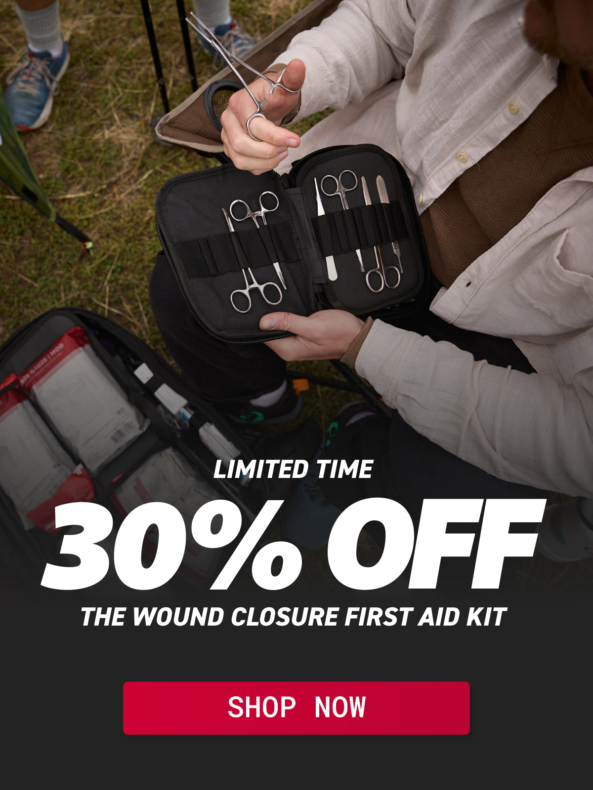A person outdoors holds an open black first aid kit containing wound closure tools, with large promotional text reading 'LIMITED TIME 30% OFF THE WOUND CLOSURE FIRST AID KIT' and a red 'SHOP NOW' button.