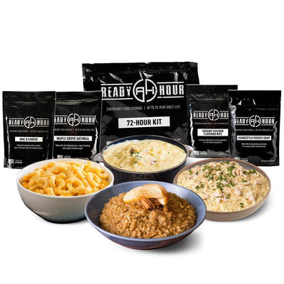 Ready Hour 72-Hour Kit meal pouches with bowls of macaroni, oatmeal, rice and potato soup