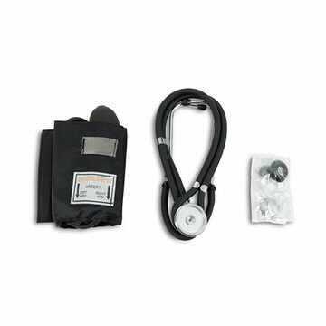 Blood pressure cuff, stethoscope and gauge laid out on white background