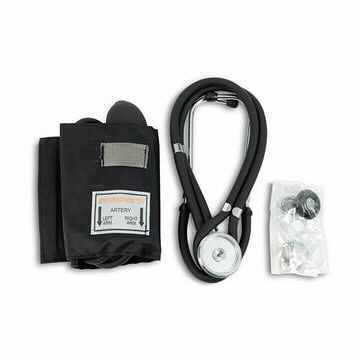 Blood pressure kit with black cuff, stethoscope and inflation bulb laid out