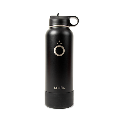 KOKOS insulated water bottle in black with flip-top straw lid, front view