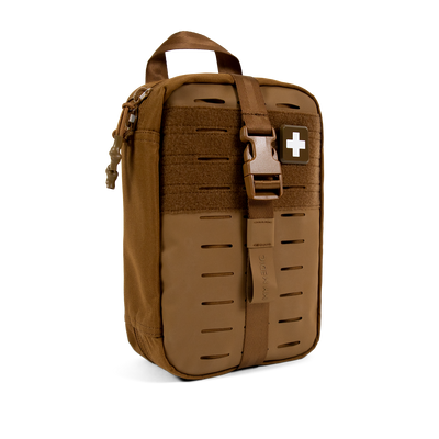 MyFAK bag only in coyote tan, laser-cut MOLLE pouch with white cross, three-quarter view